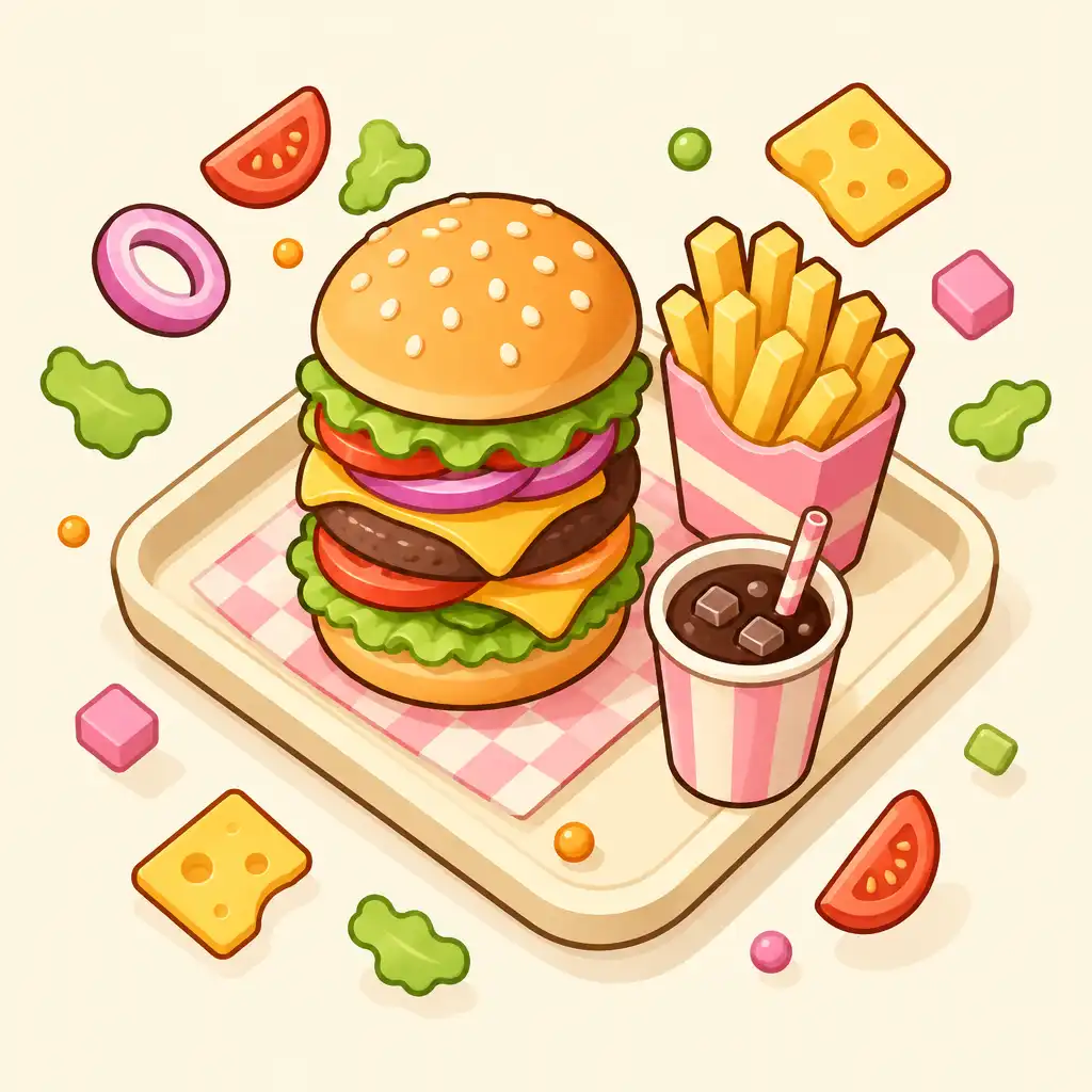 Autorska izometryczna ilustracja burgera, frytek i napoju jako kategorii dań w grze