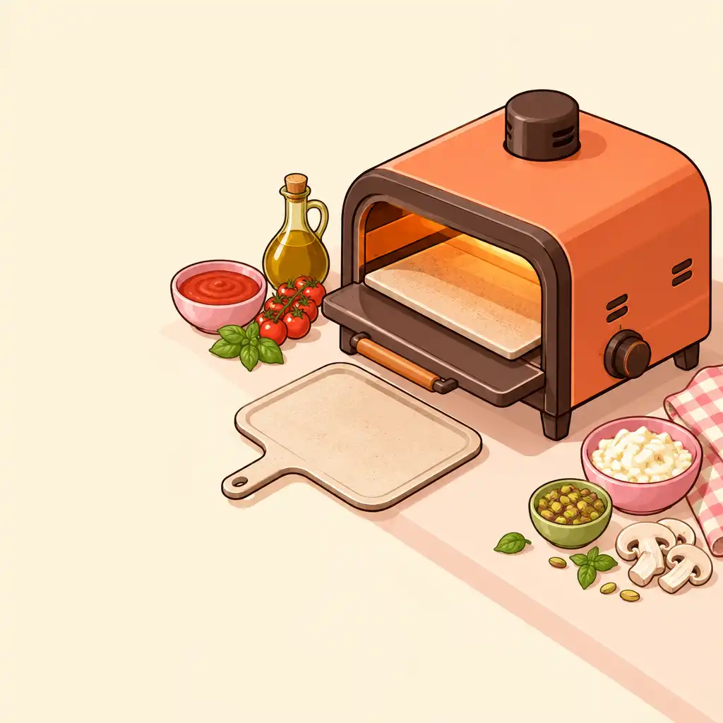 Autorska izometryczna ilustracja pieca do pizzy na pastelowym blacie do poradnika dla graczy