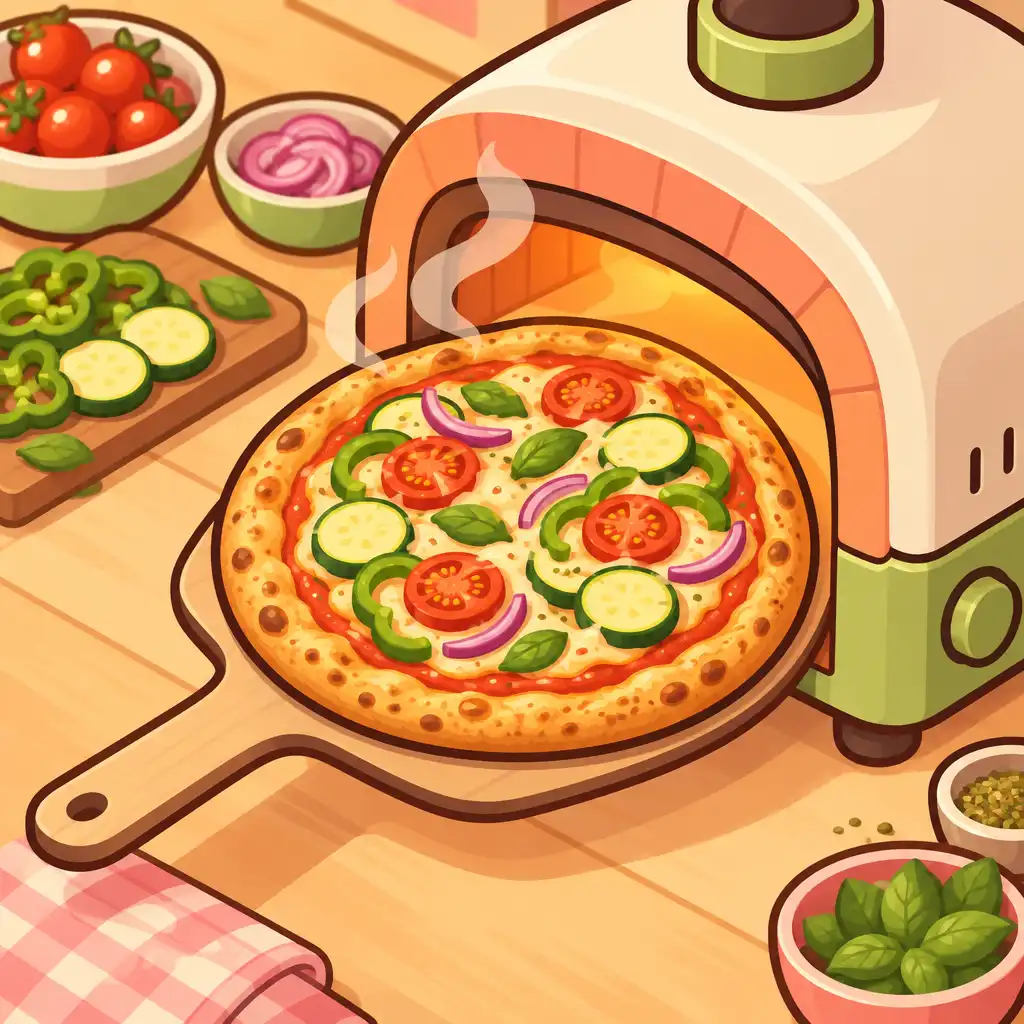 Autorska izometryczna ilustracja pizzy wysuwanej z pastelowego pieca jako dania w grze