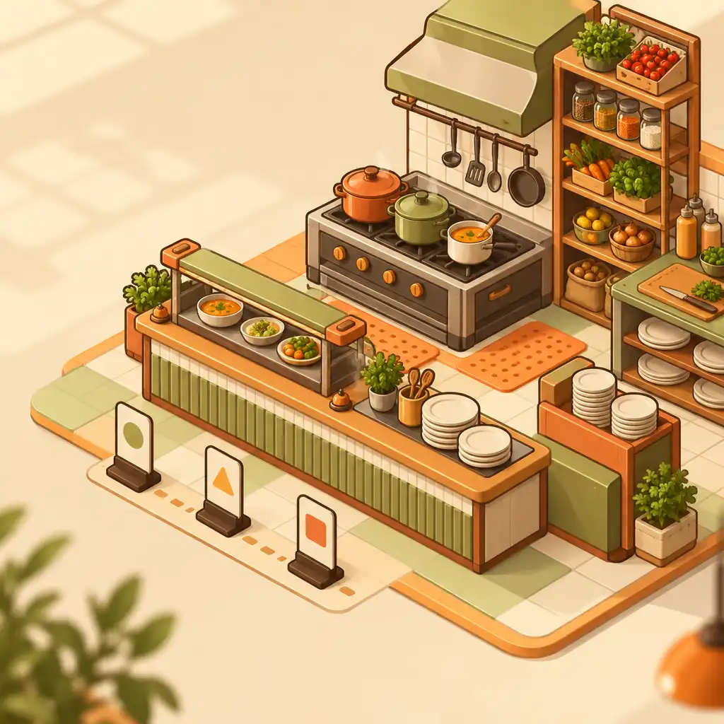 Autorska izometryczna ilustracja fikcyjnej restauracyjnej kuchni z ladą wydawczą, garnkami i półką