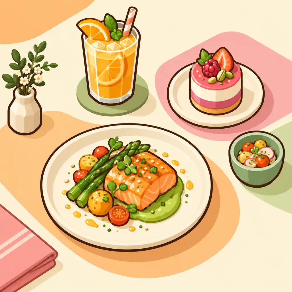 Autorska izometryczna ilustracja różnych dań, napoju i deseru jako kategorii menu w grze